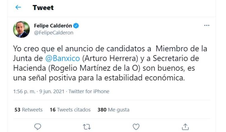 Felipe Calderón celebra postulación de Arturo Herrera para dirigir Banxico